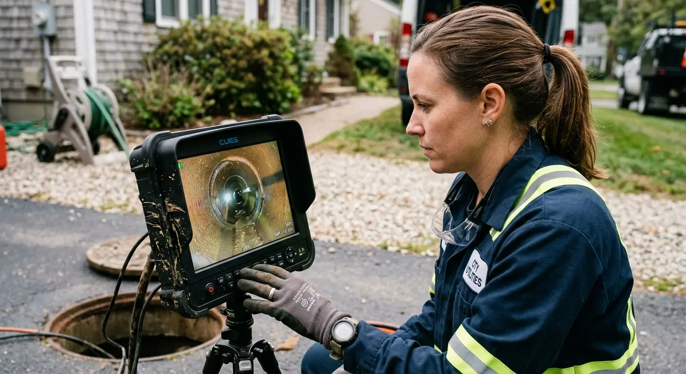 Technician reviewing sewer camera inspection footage in Johnstown