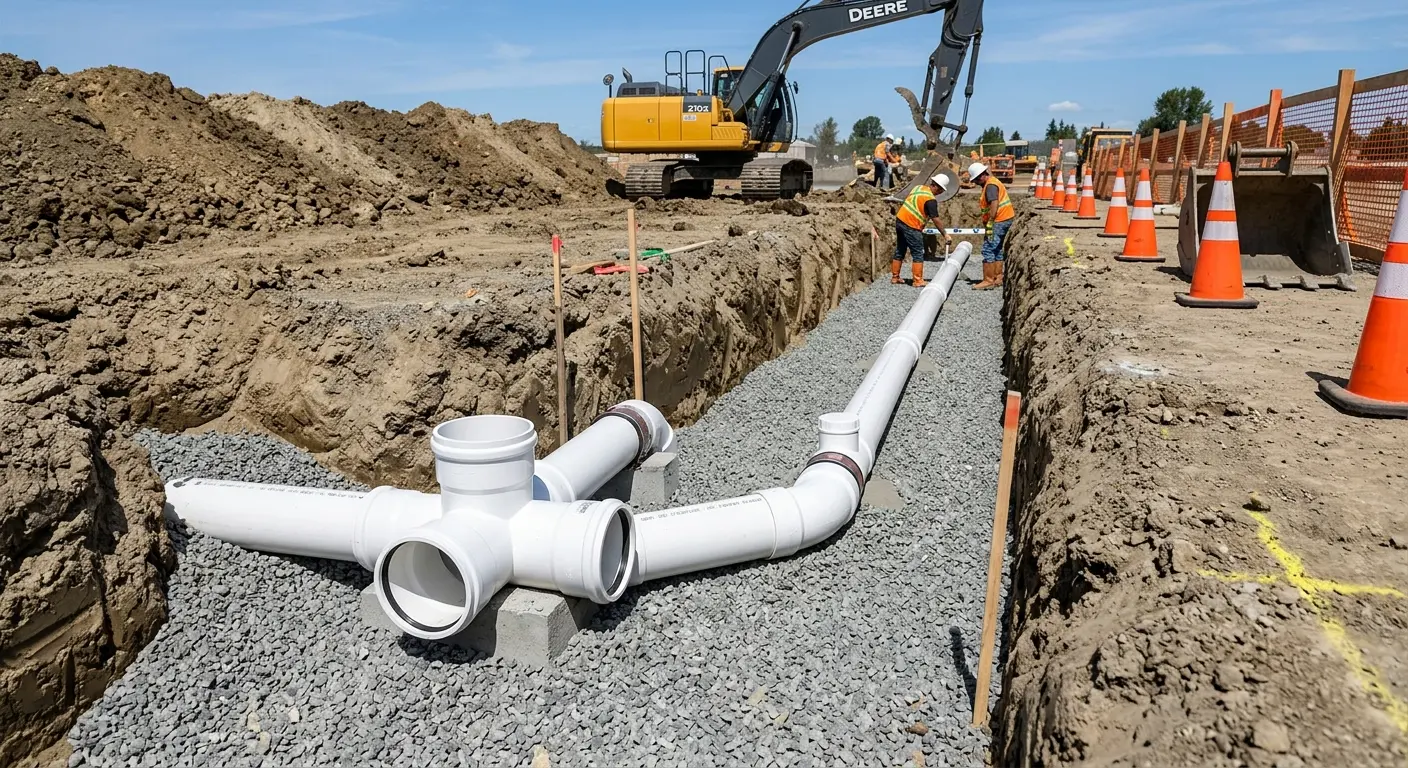New PVC sewer pipe installation in open trench for Commercial Drain Cleaning in Johnstown